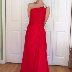 Red one shoulder long gown dress